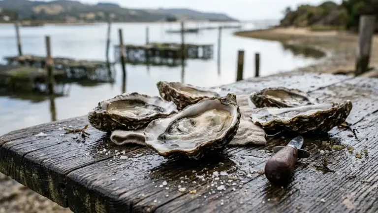 Des huîtres fraîches ouvertes sur une table en bois près d'un parc ostréicole marin.
