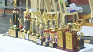 Collection de trophées sportifs disposés sur une table pour une remise de prix.