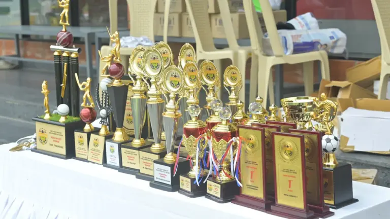 Collection de trophées sportifs disposés sur une table pour une remise de prix.