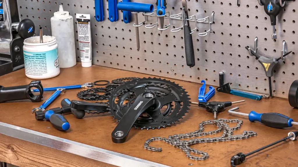 Outils de réparation pour vélo posés sur un établi dans un atelier spécialisé.