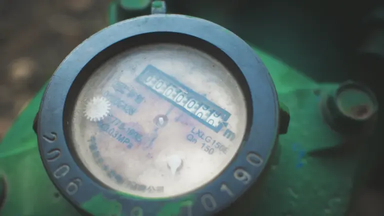 Compteur d'eau noir circulaire installé sur une conduite murale résidentielle.