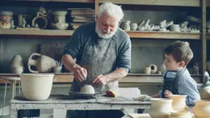 Un artisan potier transmet son savoir-faire à un jeune enfant lors d'un atelier créatif.