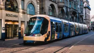 Un tramway CTS moderne circulant dans les rues historiques du centre-ville de Strasbourg.
