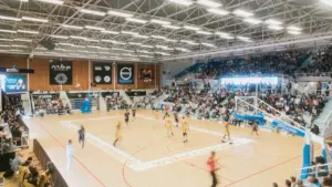 Vue d'ensemble d'un match de basket-ball dans une salle sportive comble en France.