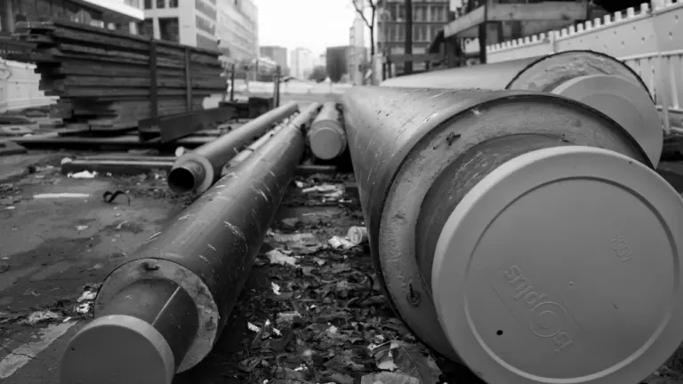 De larges tuyaux industriels isolés sont stockés sur un chantier de construction urbain.