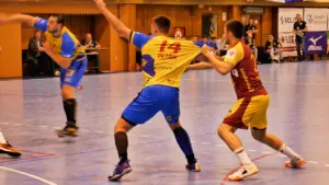 Action de jeu intense lors d'un match de handball professionnel en salle.