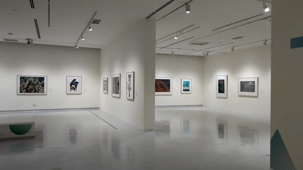 Galerie d'art moderne lumineuse avec des peintures accrochées aux murs blancs immaculés.